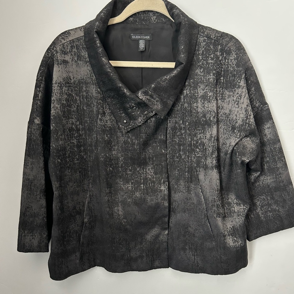 Eileen Fisher Grandeur Jacquard top jacket in black and gray S P - Picture 3 of 5